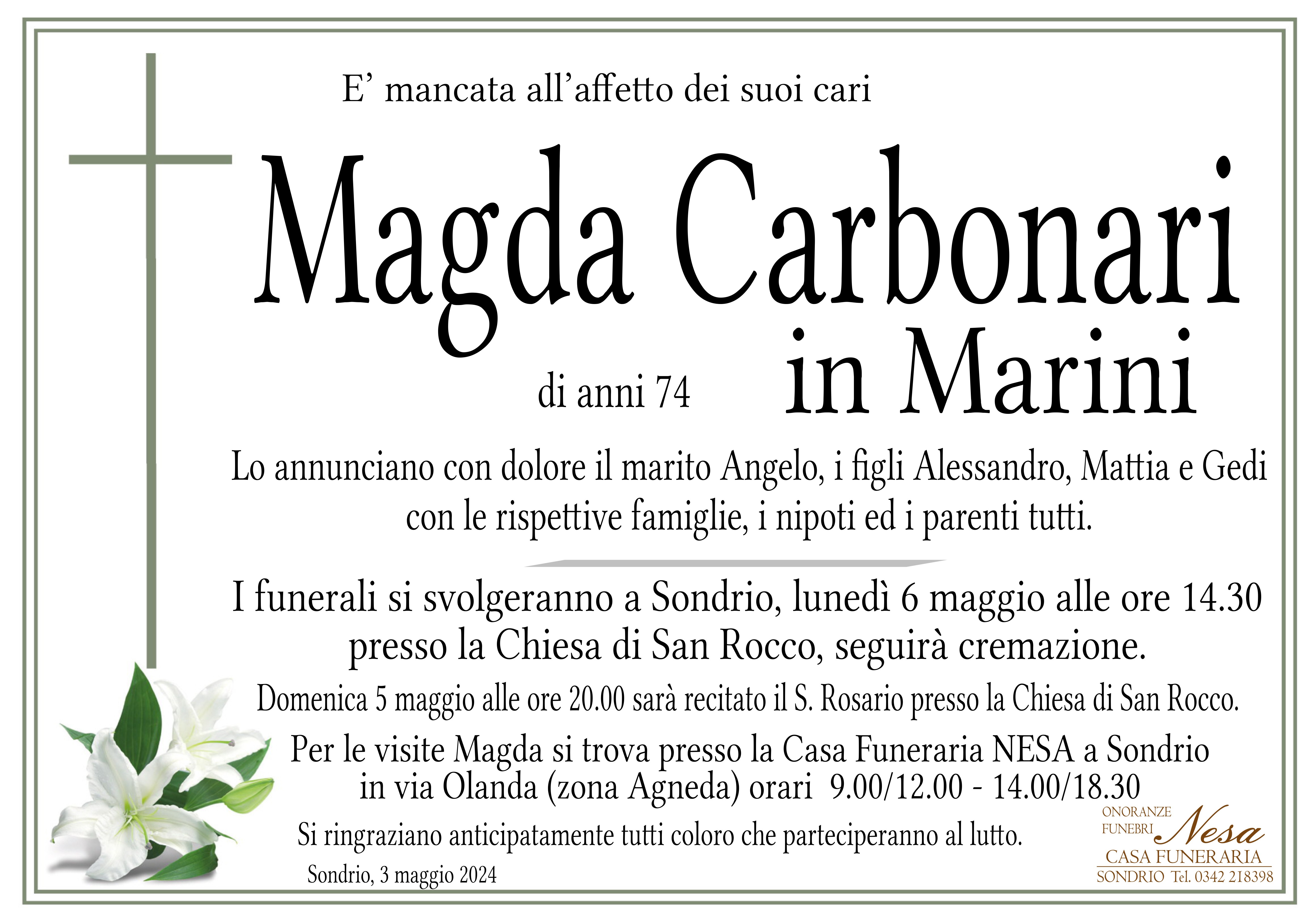 Necrologio Magda Carbonari in Marini